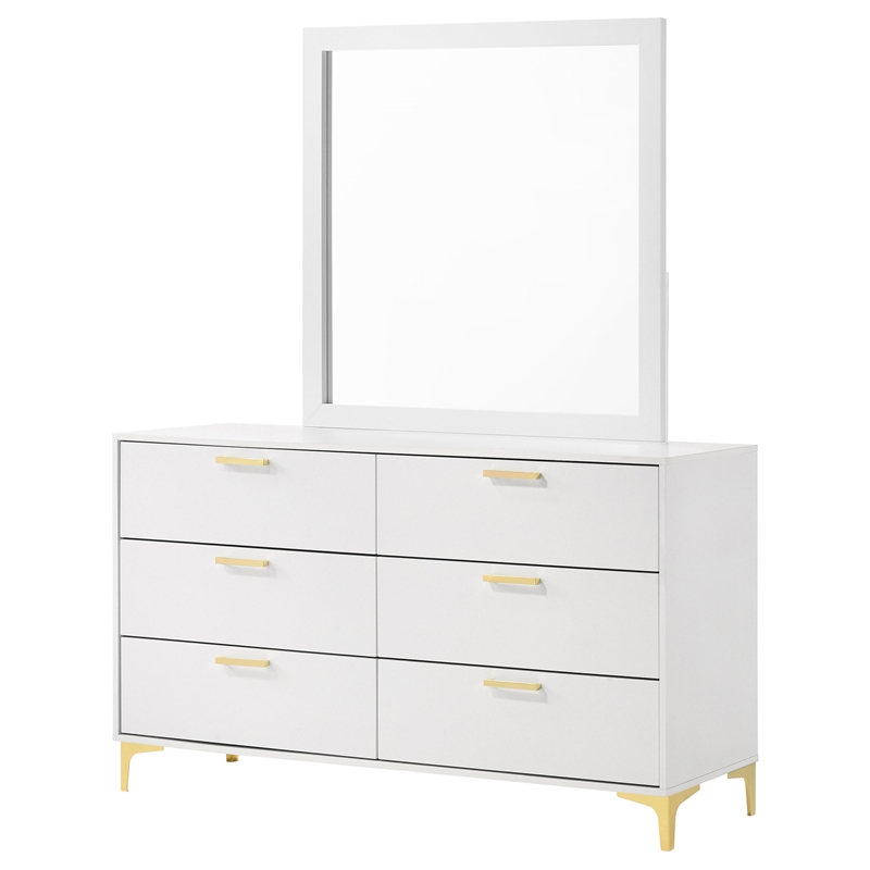 Pemberly Row 6-drawer Dresser with Mirror and Gold Bracket Legs in White