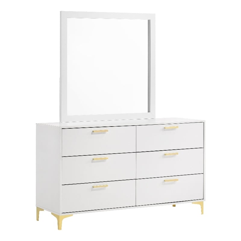 Pemberly Row 6-drawer Dresser with Mirror and Gold Bracket Legs in White