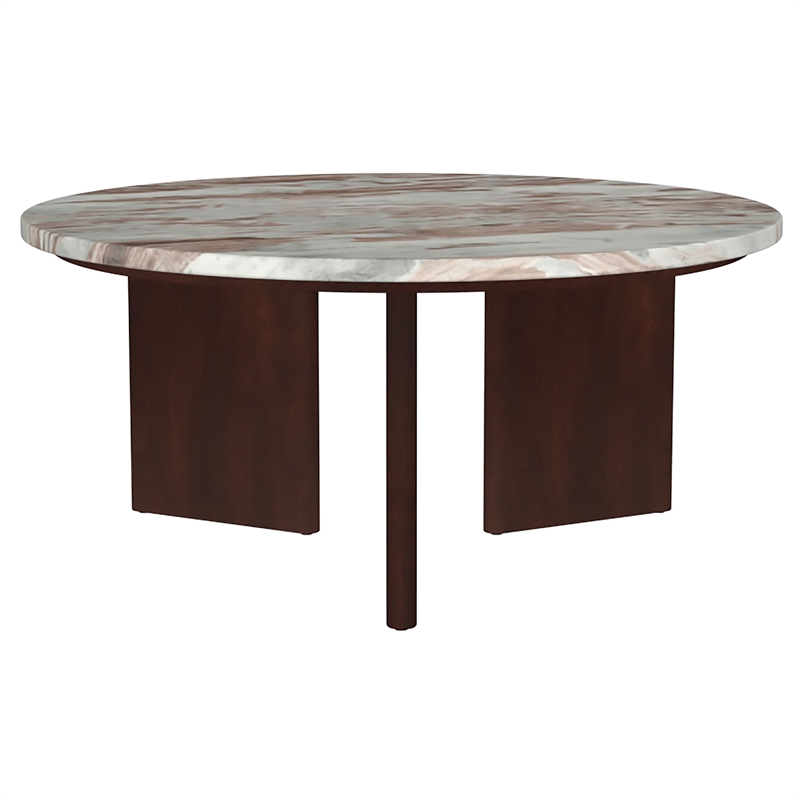 Pemberly Row 3-Piece Round Marble Top Coffee Table Set in Brown