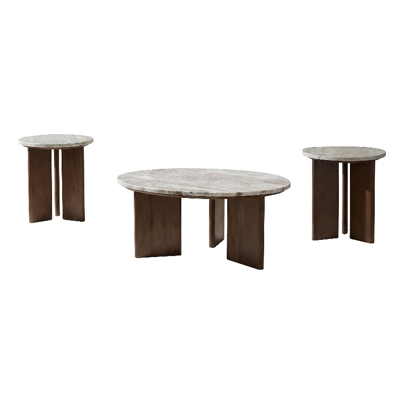 Pemberly Row 3-Piece Round Marble Top Coffee Table Set in Brown