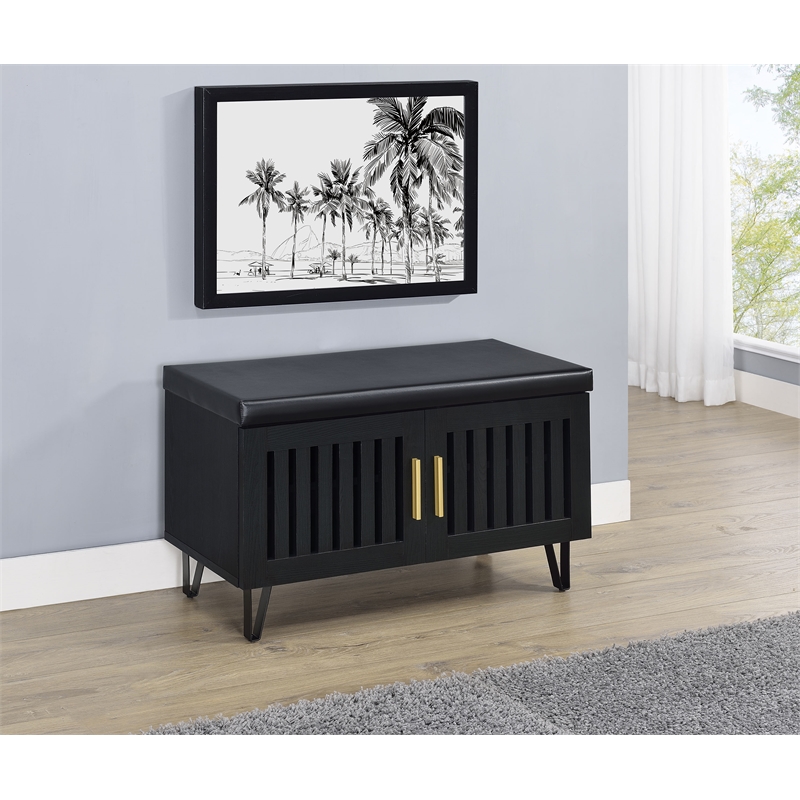 Pemberly Row 2-Door Padded Entryway Shoe Storage Bench in Black