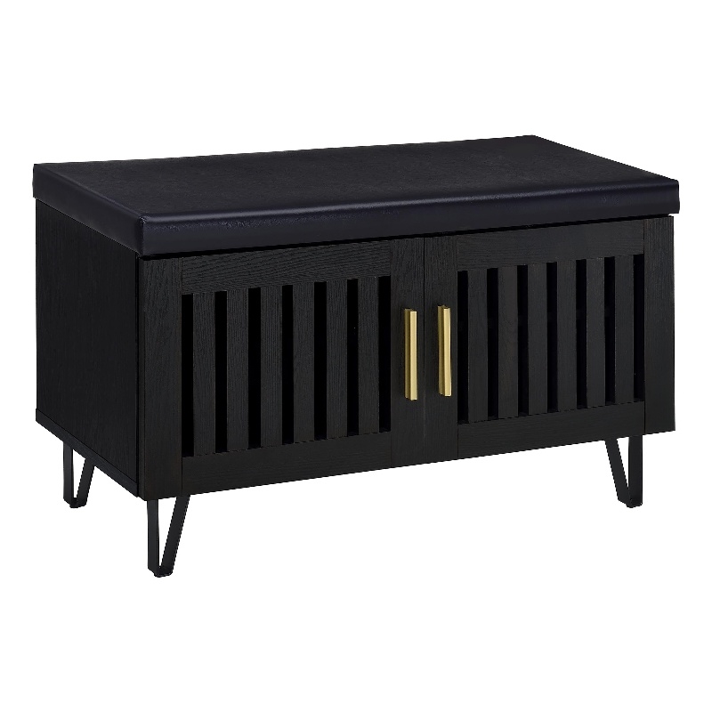 Pemberly Row 2-Door Padded Entryway Shoe Storage Bench in Black