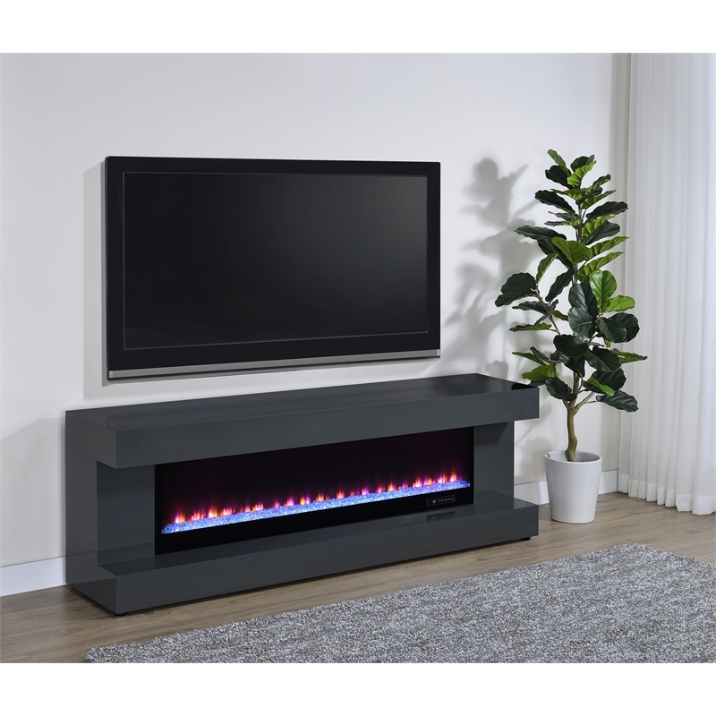 Pemberly Row TV Stand Fireplace with Bluetooth Speaker in Gray High Gloss