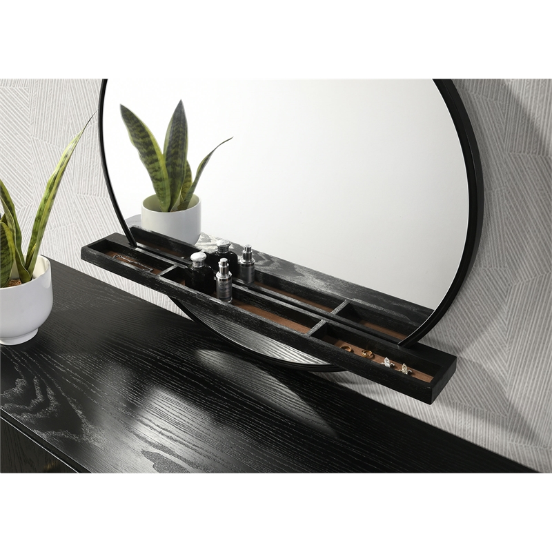 Pemberly Row Round Dresser Wall Mirror with Jewelry Tray in Black