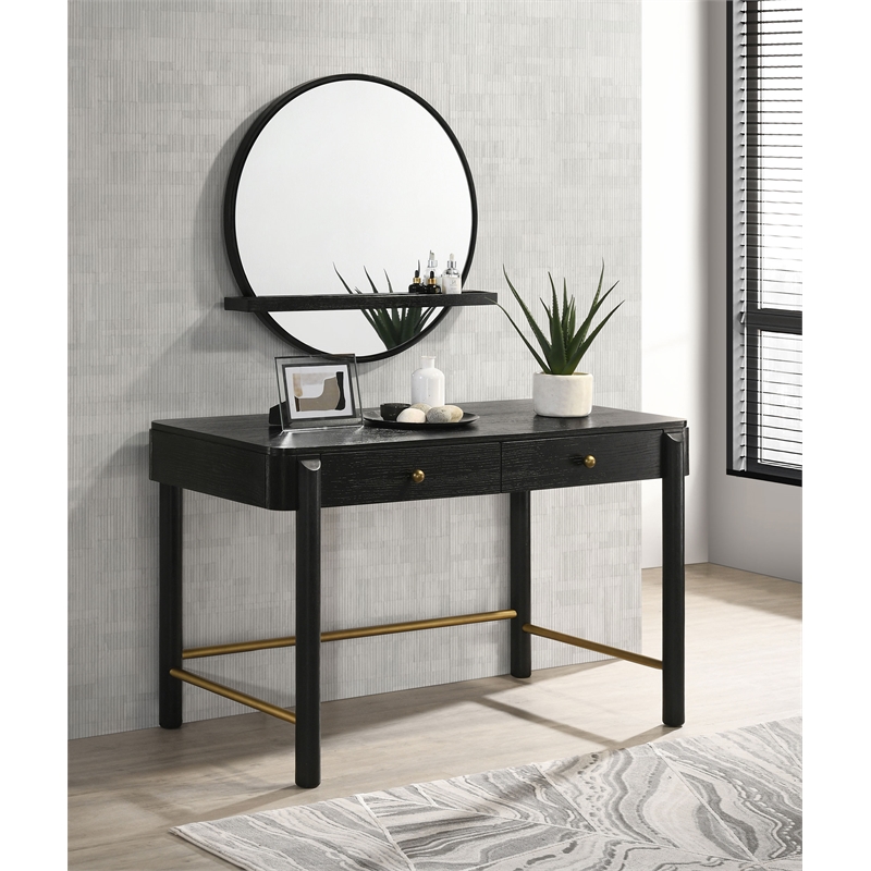 Pemberly Row Round Vanity Wall Mirror with Jewelry Tray Shelf in Black