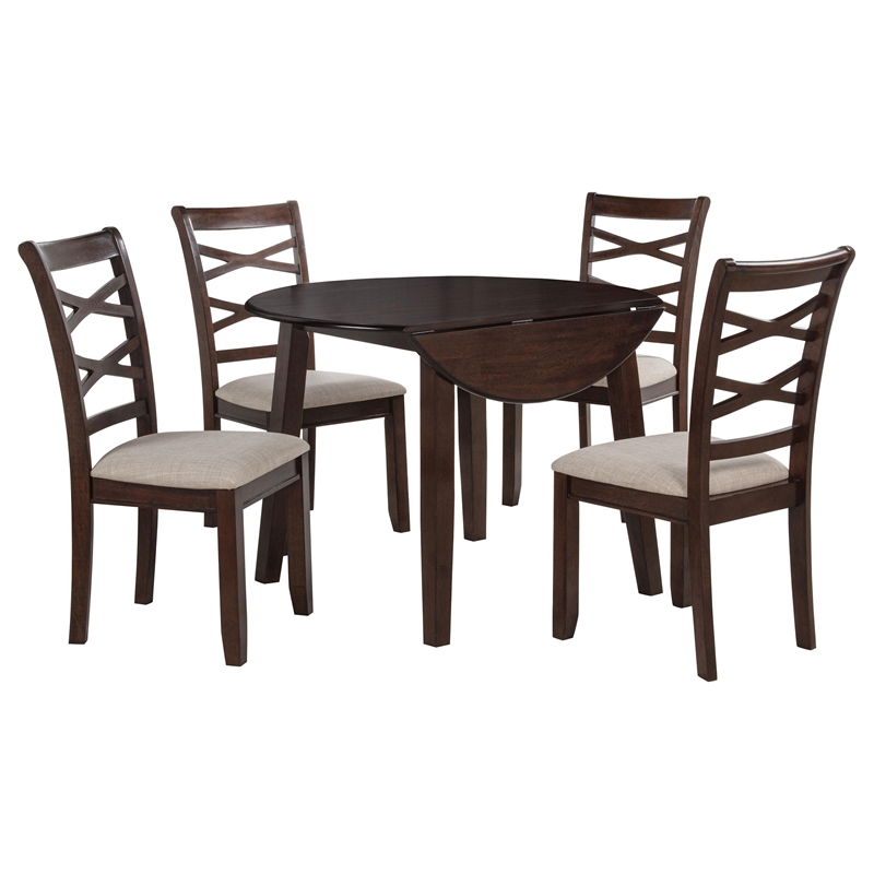 Pemberly Row 5-Piece Round Wood Dining Table Set in Dark Brown/Light Tan