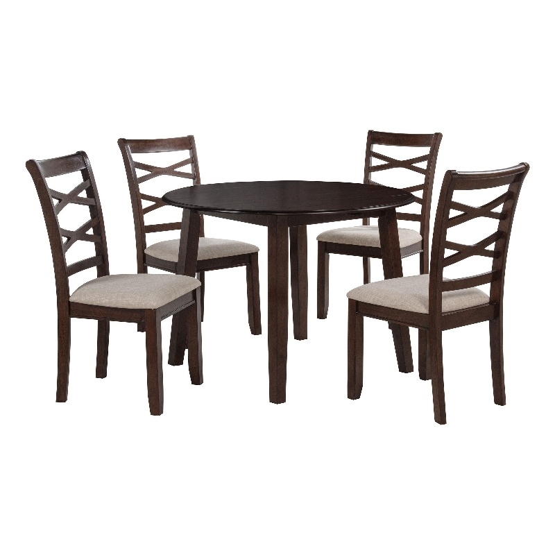 Pemberly Row 5-Piece Round Wood Dining Table Set in Dark Brown/Light Tan