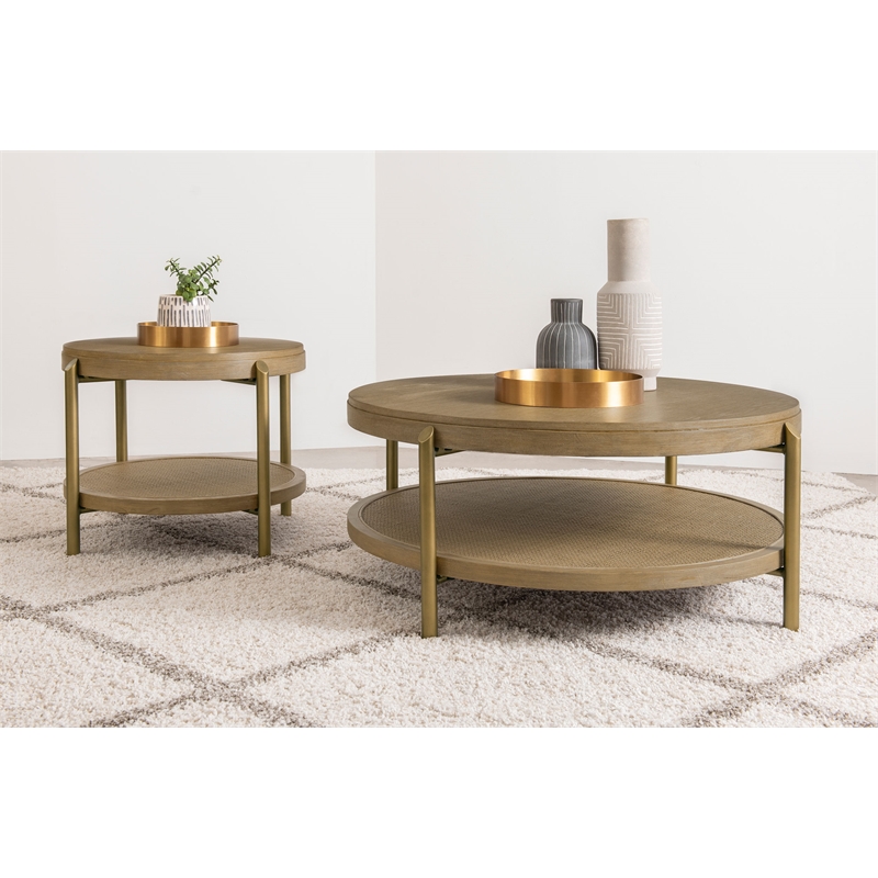Pemberly Row 2-Piece Round Wood Coffee and End Table Set in Sand Wash