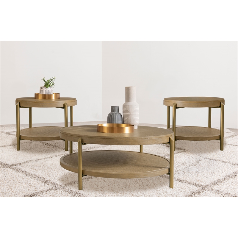 Pemberly Row 3-Piece Round Wood Coffee and End Table Set in Sand Wash
