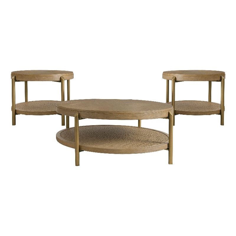 Pemberly Row 3-Piece Round Wood Coffee and End Table Set in Sand Wash