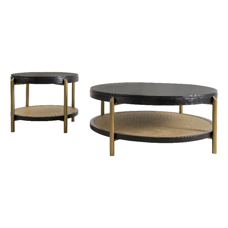 Pemberly Row 2-Piece Round Wood Coffee and End Table Set in Black