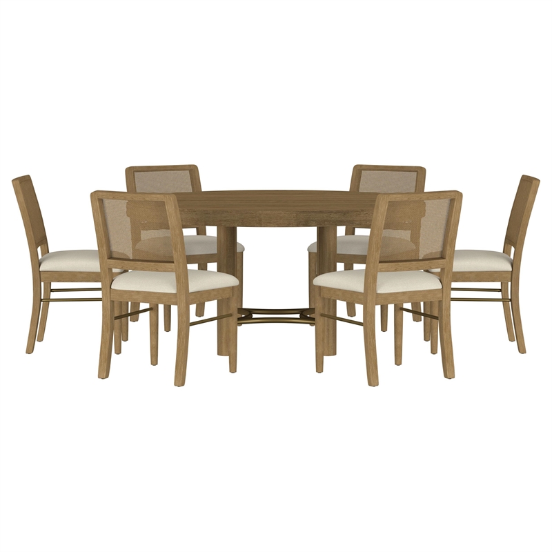 Pemberly Row 7-Piece Coastal Wood Dining Table Set in Sand Wash Brown/Cream