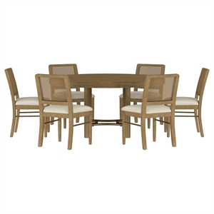 Pemberly Row 7-Piece Coastal Wood Dining Table Set in Sand Wash Brown/Cream