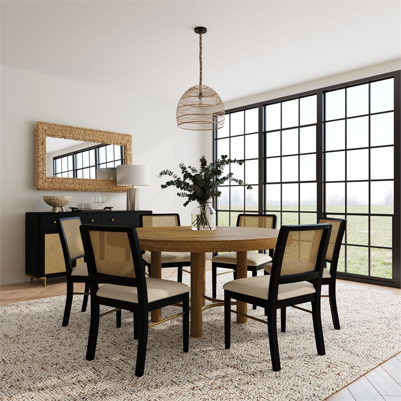 Pemberly Row 7-Piece Coastal Wood Dining Table Set in Sand Wash Brown/Black