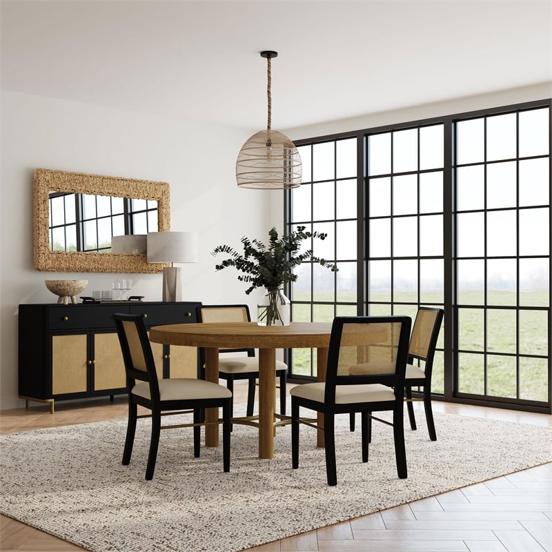 Pemberly Row 5-Piece Coastal Wood Dining Table Set in Sand Wash Brown/Black