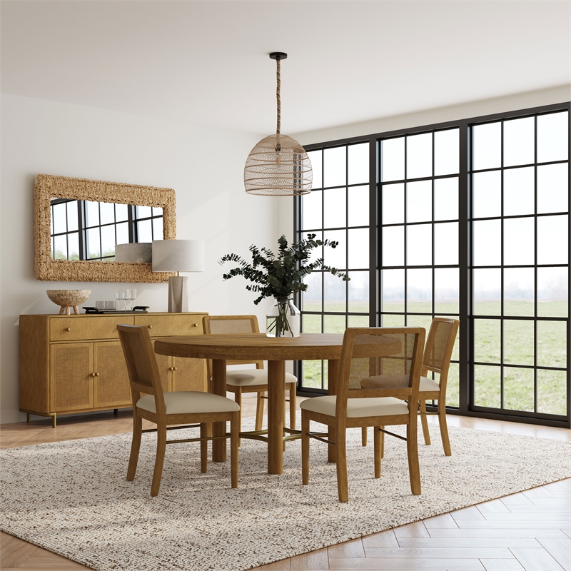 Pemberly Row 5-Piece Coastal Wood Dining Table Set in Sand Wash Brown/Cream