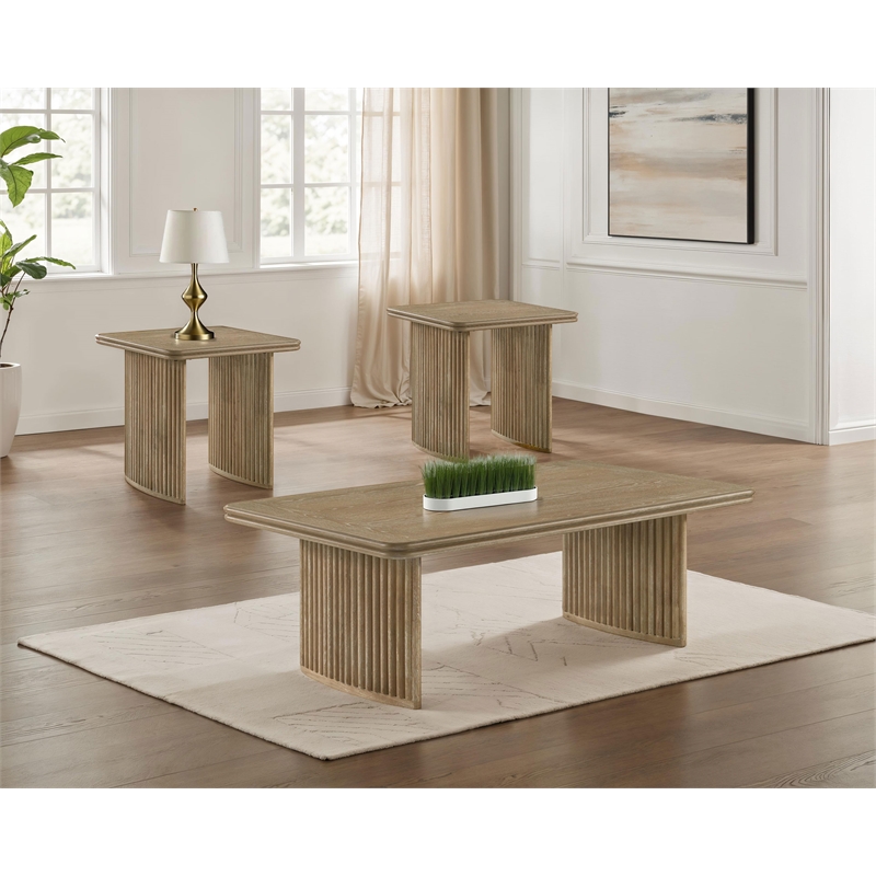 Pemberly Row 3-Piece Wood Coffee Table Set in Distressed Light Brown