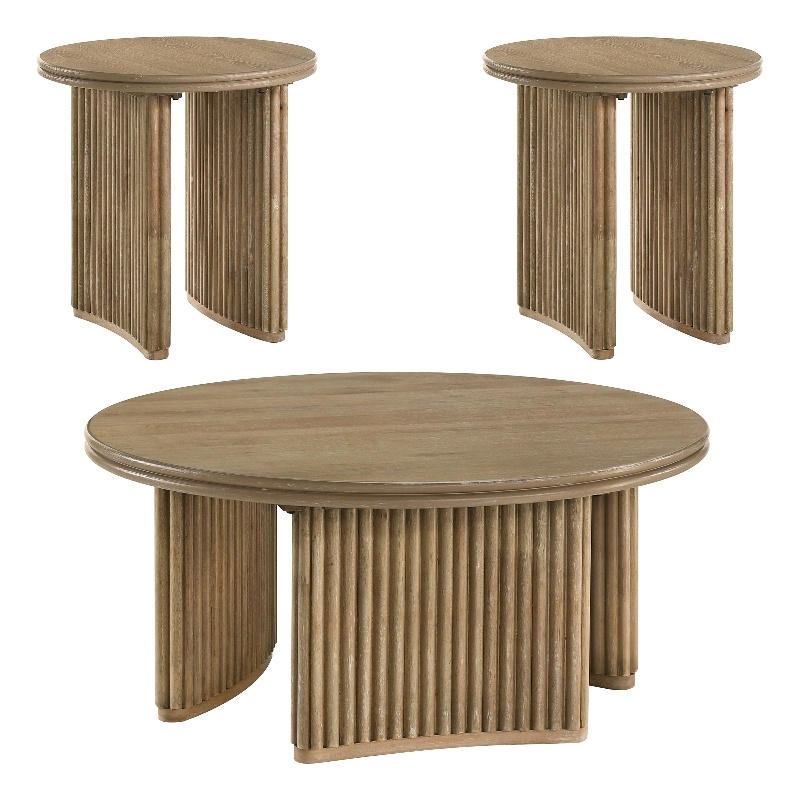 Pemberly Row 3-piece Round Wood Coffee Table Set in Distressed Light Brown