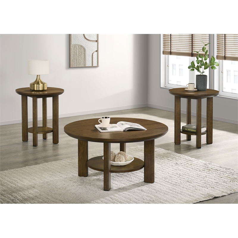 Pemberly Row 3-piece Round Transitional Wood Coffee Table Set in Brown