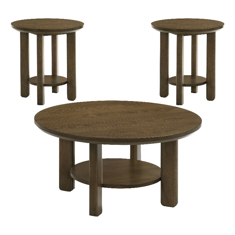 Pemberly Row 3-piece Round Transitional Wood Coffee Table Set in Brown