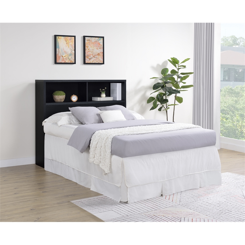 Pemberly Row 49-inch Full Wood Bookcase Headboard with 2 Cubbies in Black