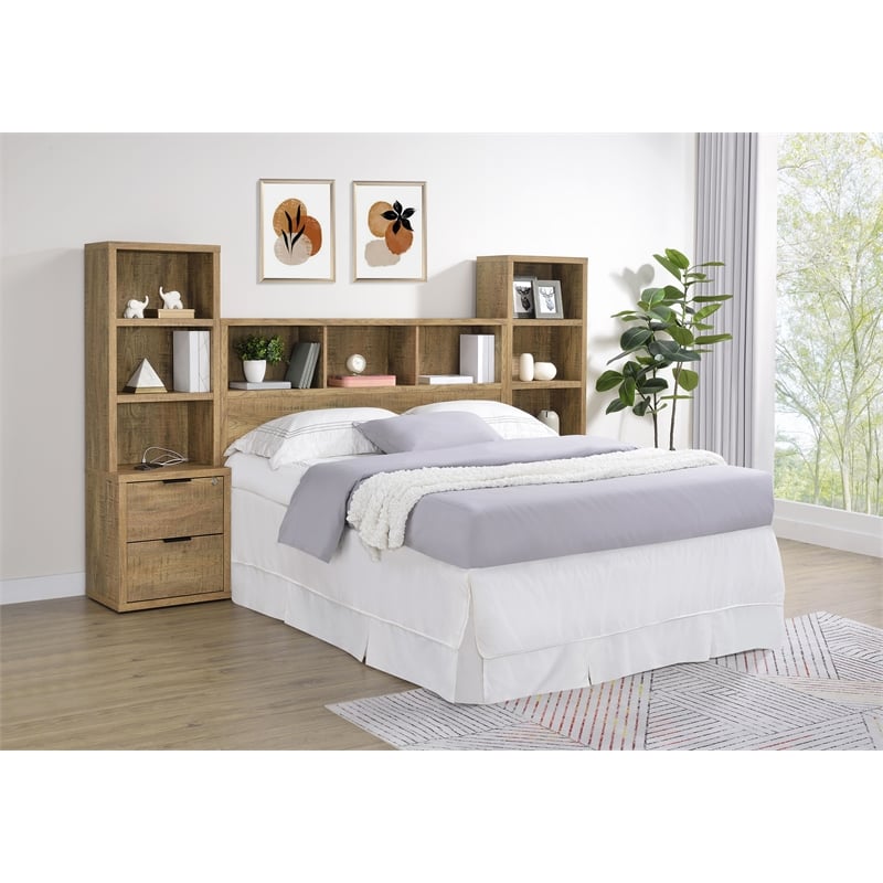 Pemberly Row 3-Piece Wood Queen Bedroom Set Bookcase Headboard in Brown