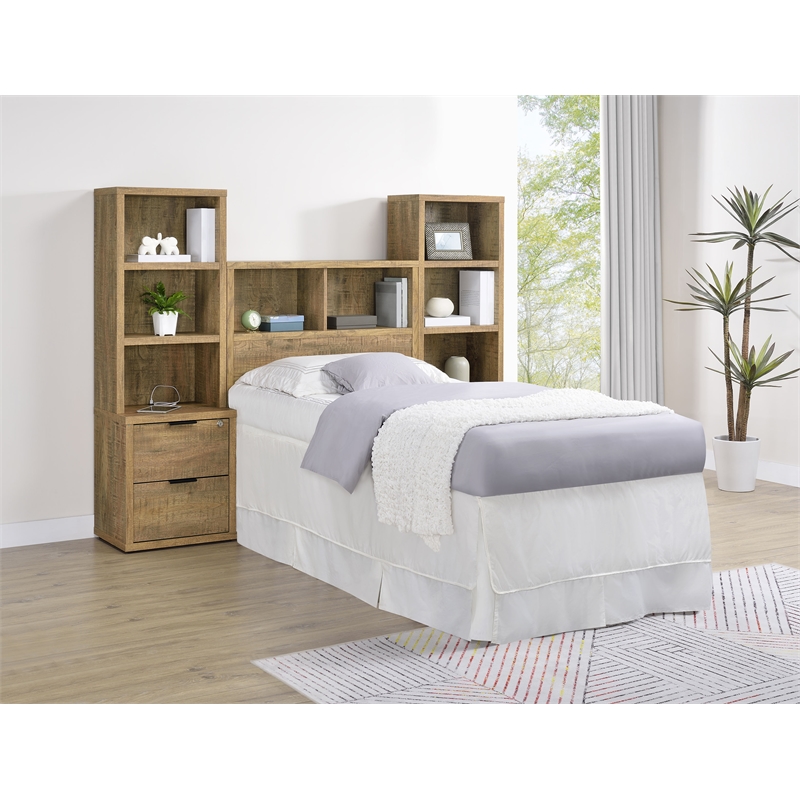 Pemberly Row 3-Piece Wood Twin Bedroom Set Bookcase Headboard in Brown