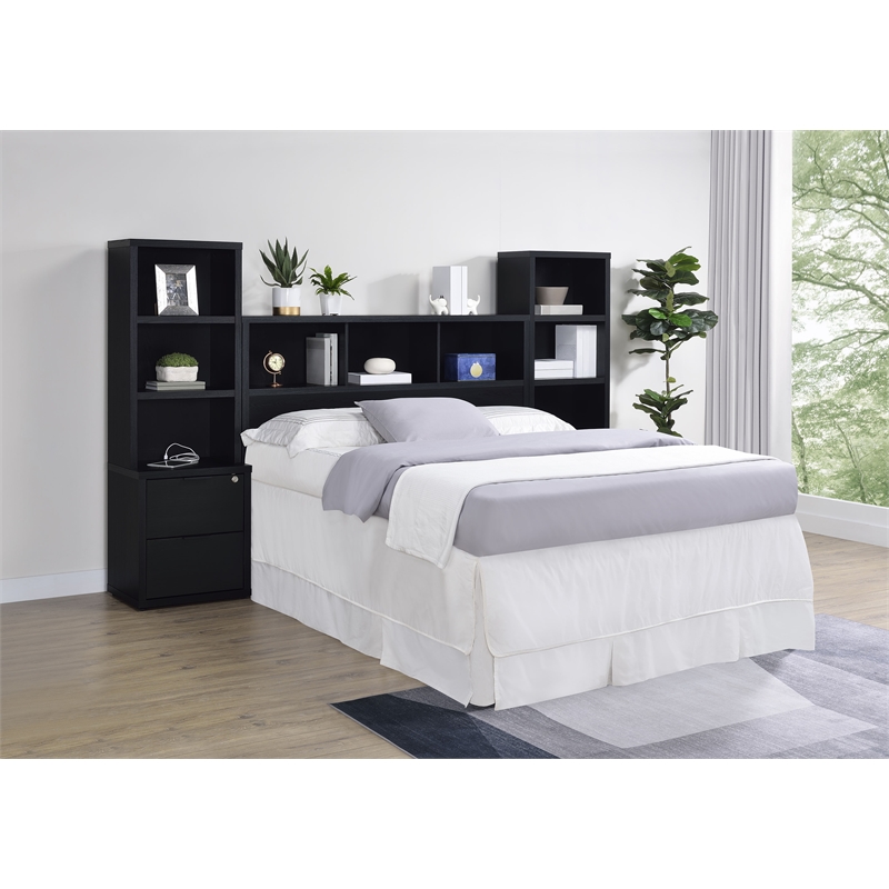 Pemberly Row 3-Piece Wood Queen Bedroom Set Bookcase Headboard in Black