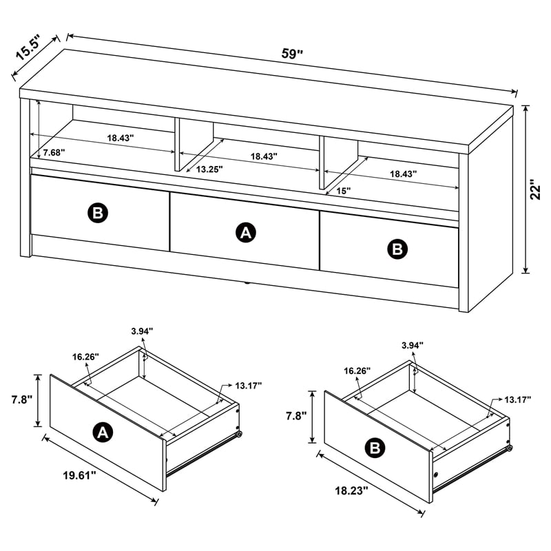 Pemberly Row 59-inch 3-drawer TV Stand Media Console in Black