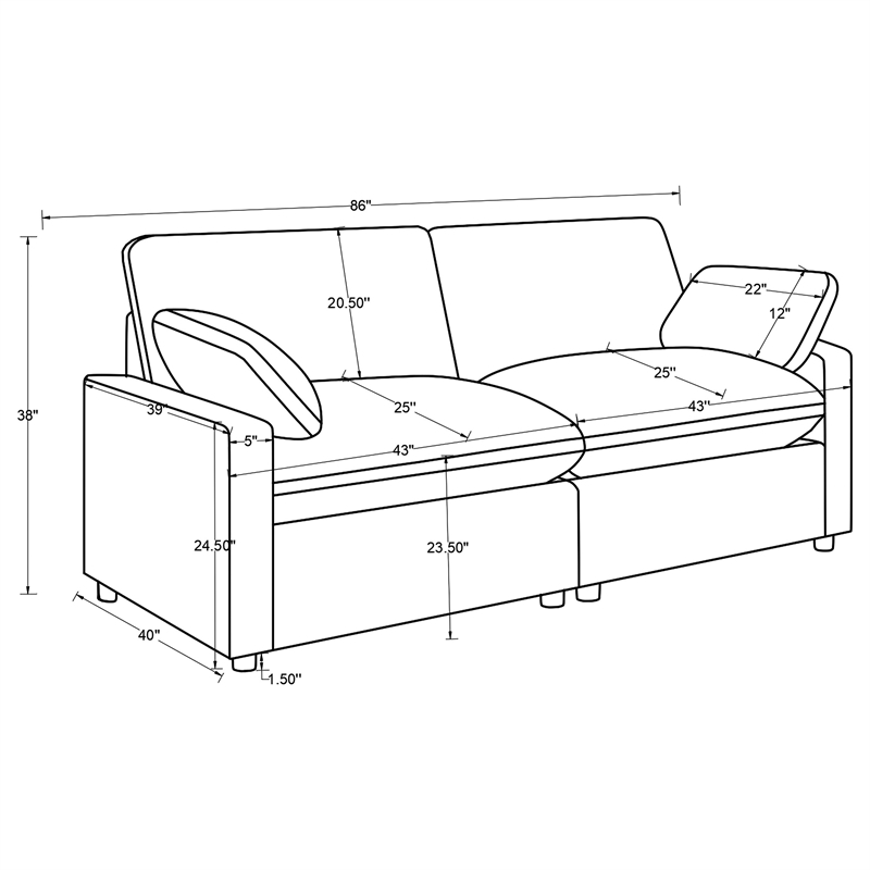 Pemberly Row Modular Upholstery Fabric Corduroy Power Loveseat in Black
