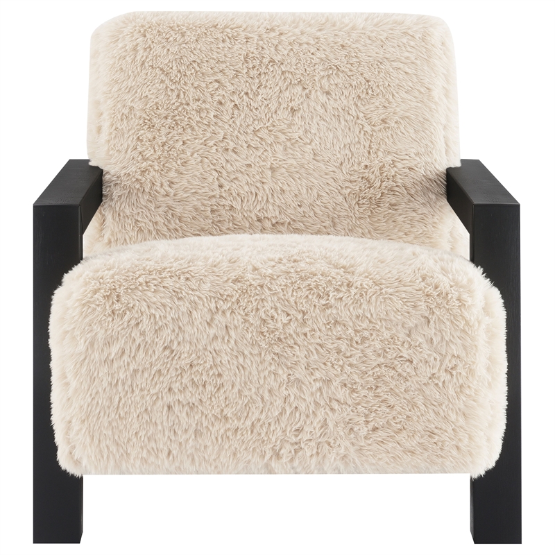 Pemberly Row Faux Fur Upholstered Chair with Solid Wood Arms in Latte