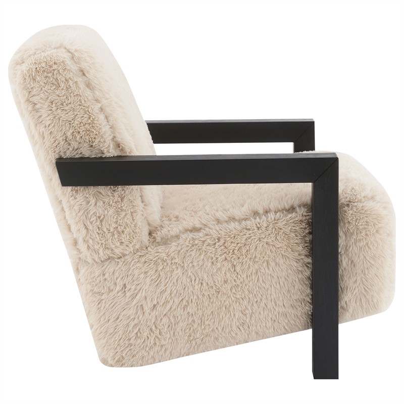 Pemberly Row Faux Fur Upholstered Chair with Solid Wood Arms in Latte
