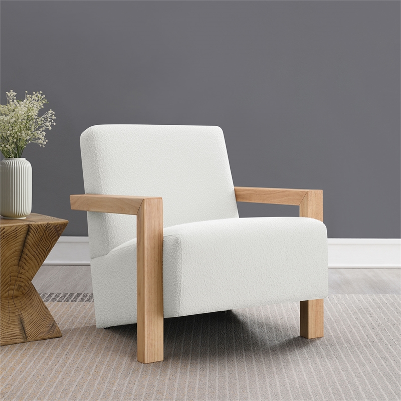 Pemberly Row Boucle Upholstered Accent Arm Chair with Wood Arms in Ivory