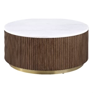 pemberly row round white marble top drum base coffee table in honey brown
