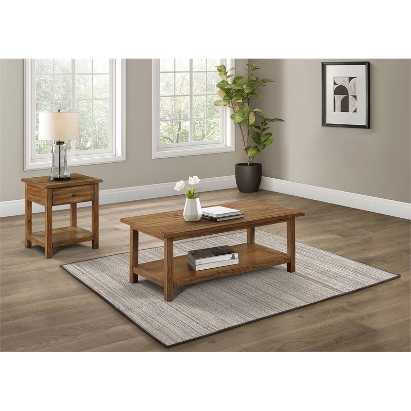 Pemberly Row 2-Piece Coffee and 1-Drawer End Table Set in Distressed Brown