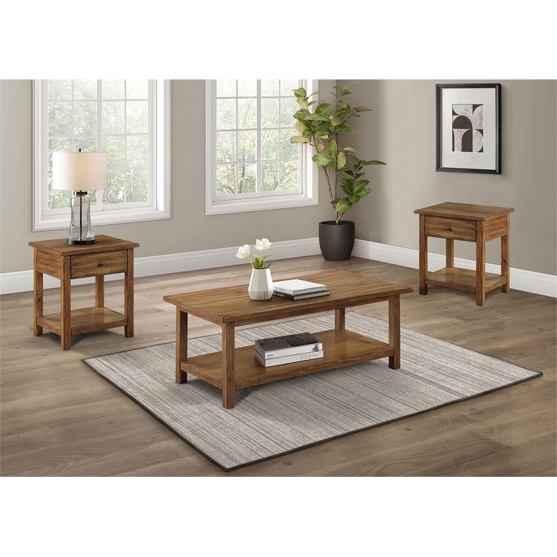 Pemberly Row 3-Piece Coffee and 1-Drawer End Table Set in Distressed Brown