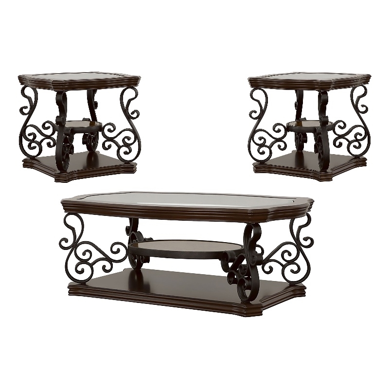 Pemberly Row 3-piece Glass Top Coffee and End Table Set in Dark Merlot