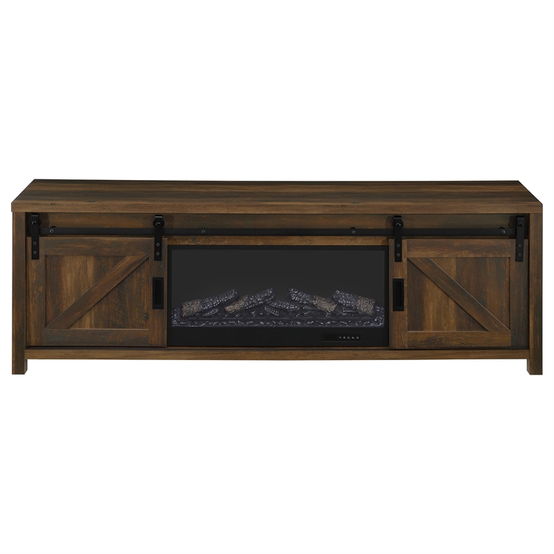 Pemberly Row 71-inch Engineered Wood TV Stand Fireplace in Dark Pine
