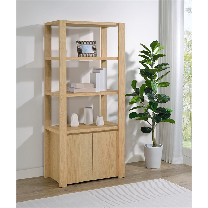 Pemberly Row 3-shelf Engineered Wood Media Tower Tall Cabinet in Light Oak