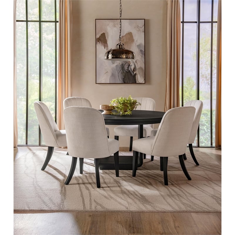 Pemberly Row 7-Piece Round Wood Dining Set in Cream/Burnished Black