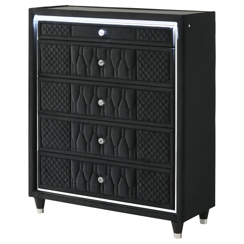 Pemberly Row 5-Drawer Velvet Upholstered LED Chest of Drawers in Black