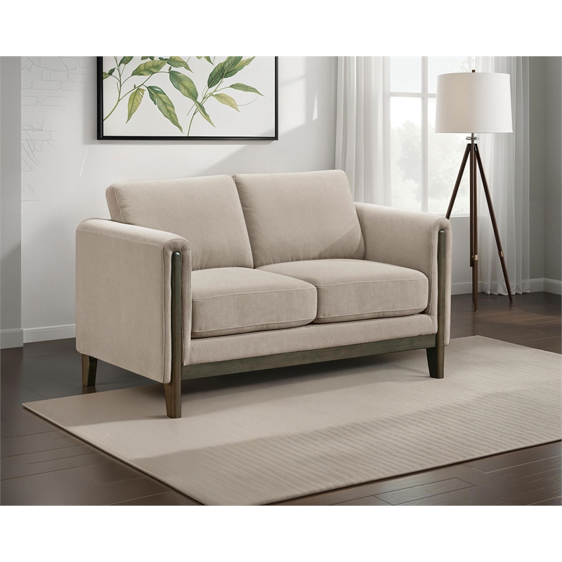 Pemberly Row Upholstered Fabric Panel Arm Loveseat in Taupe Brown