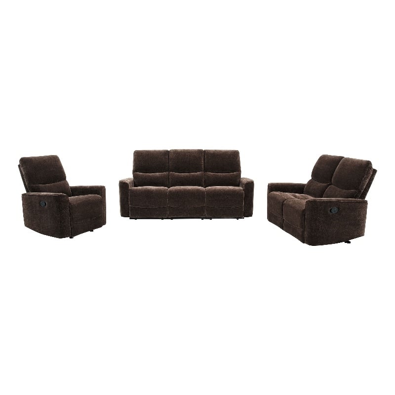 Pemberly Row 3-Piece Upholstered Chenille Reclining Sofa Set in Dark Brown