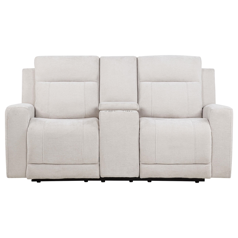 Pemberly Row Upholstered Chenille Power Reclining Loveseat in Ivory White