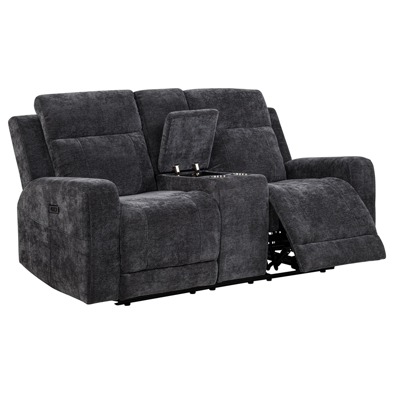 Pemberly Row Upholstered Chenille Power Reclining Loveseat in Dark Gray