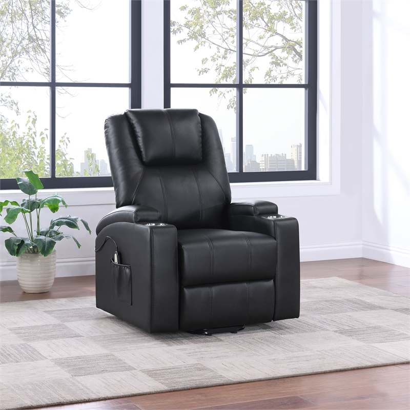 Pemberly Row Upholstered Faux Leather Power Lift Massage Recliner in Black