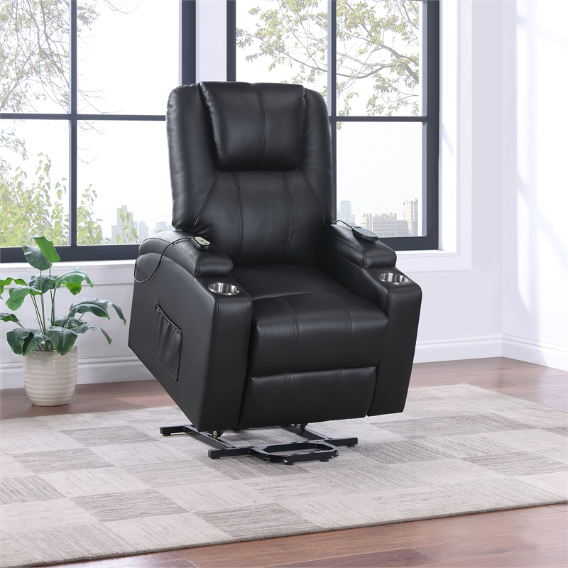 Pemberly Row Upholstered Faux Leather Power Lift Massage Recliner in Black