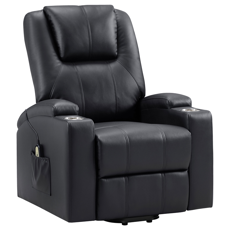 Pemberly Row Upholstered Faux Leather Power Lift Massage Recliner in Black