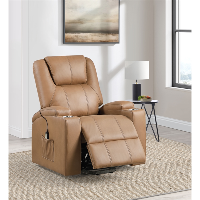 Pemberly Row Upholstered Faux Leather Power Lift Massage Recliner in Camel