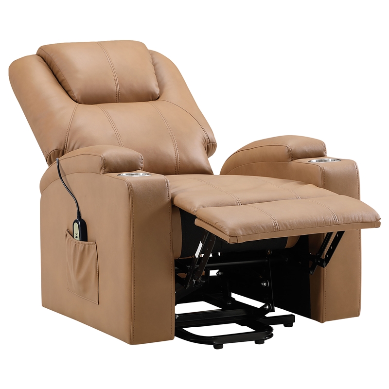 Pemberly Row Upholstered Faux Leather Power Lift Massage Recliner in Camel